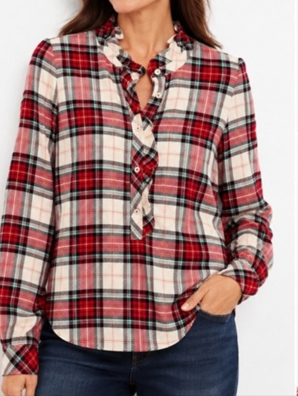 Talbots Metallic Ruffle Tartan Plaid Popover Red Green Fall Winter Christmas M